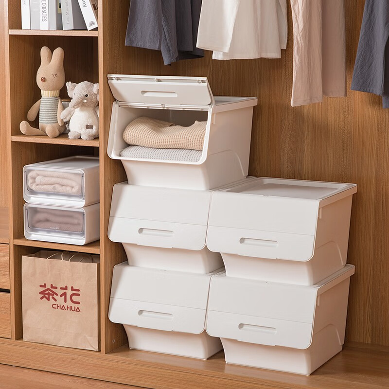 茶花（CHAHUA）收纳箱塑料收纳盒儿童玩具整理箱储物箱斜口前开叠加侧开收纳柜 【深蓝灰】3个装 大号34L【45.5*38*31cm】
