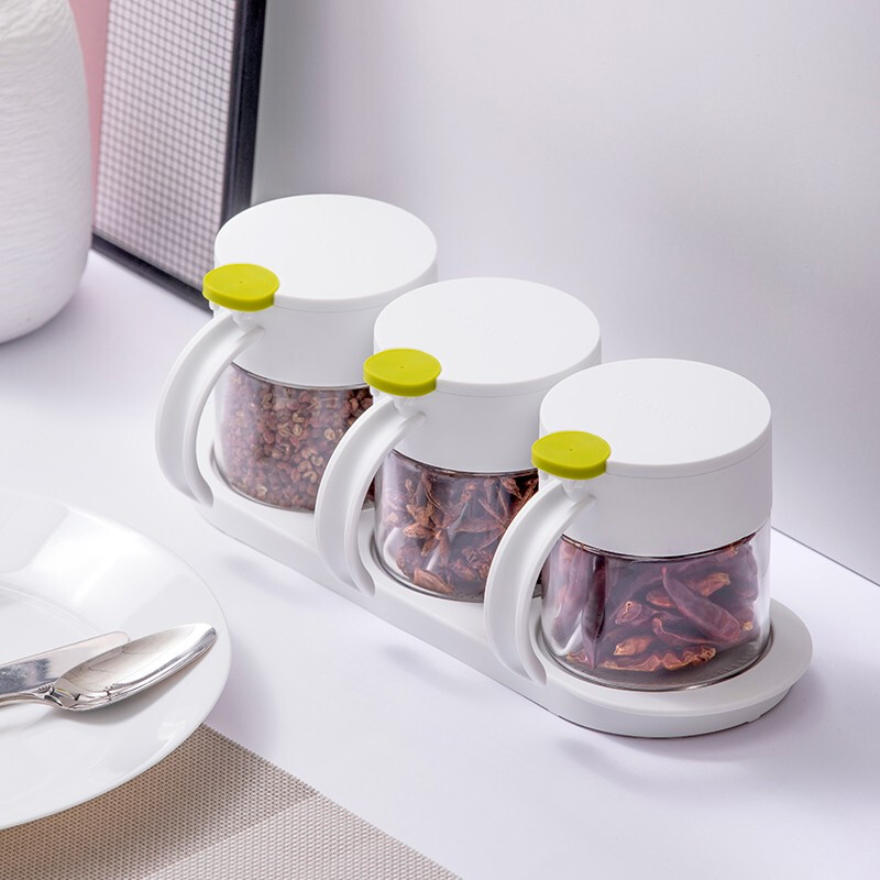 茶花圆点调味盒玻璃盐罐厨房用品厨房圆点玻璃调味架调料罐 圆点三组玻璃调味瓶 绿色