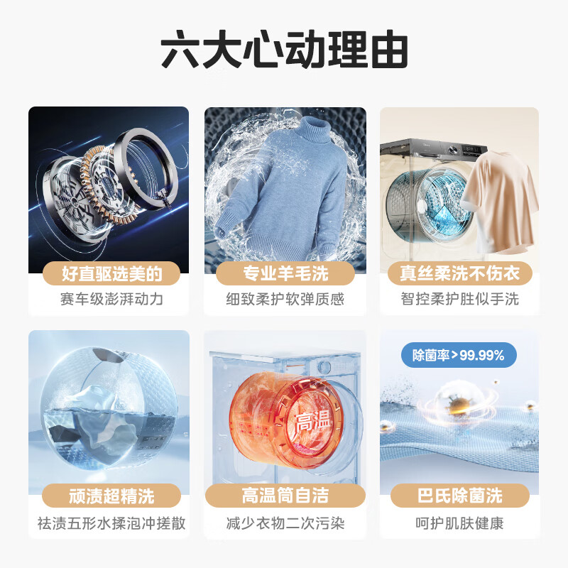 美的（Midea）滚筒洗衣机全自动 轻净直驱系列 直驱变频 顽渍超精洗 1.08洗净比 全域除菌螨 10公斤 MG100V630DE