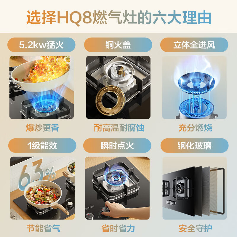 美的（Midea）华 凌燃气灶天然气灶双灶猛火灶炉灶 铜火盖一级能效 5.2kW大火力灶台灶具 天然气灶JZT-HQ8