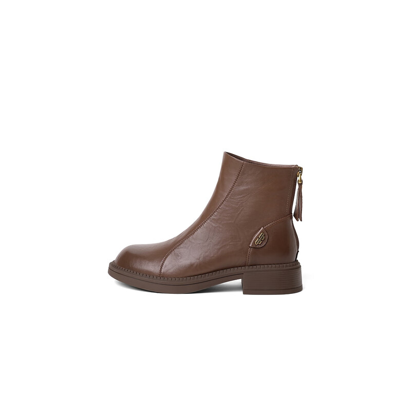 百丽肌理感休闲靴女2023冬季新商场同款柔软皮面短靴A2D1DDD3预售 棕色-绒里 34