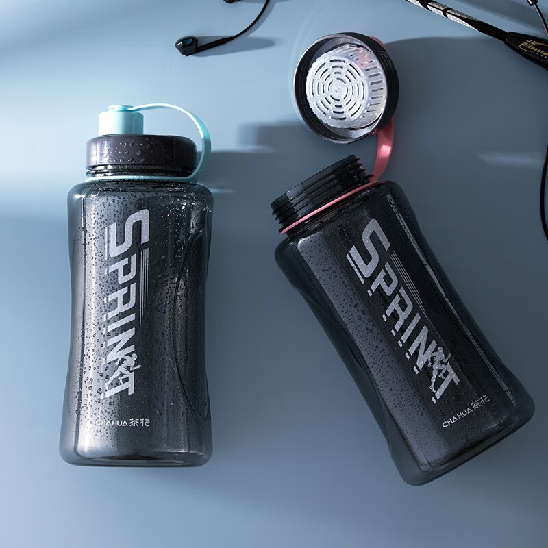 茶花夏超大容量塑料水杯男便携水瓶杯户外运动大号水壶女1200茶隔 【1200ml】蓝色