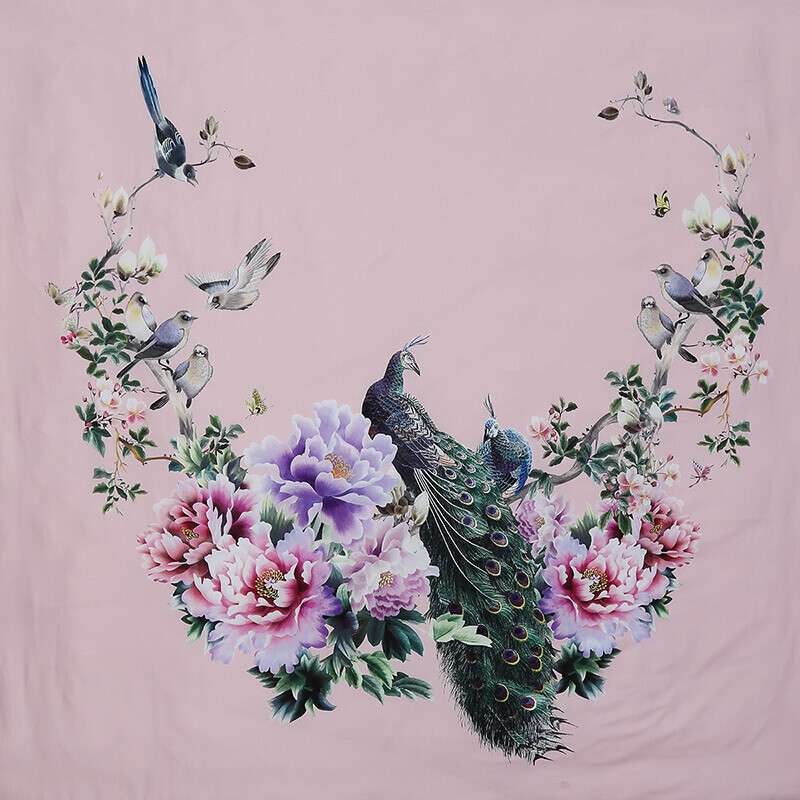 富安娜家纺 床上用品四件套长绒棉60支贡缎纯棉床品套件 高档单双人 雀舞林间1米8/2米床(230*229cm) 粉色