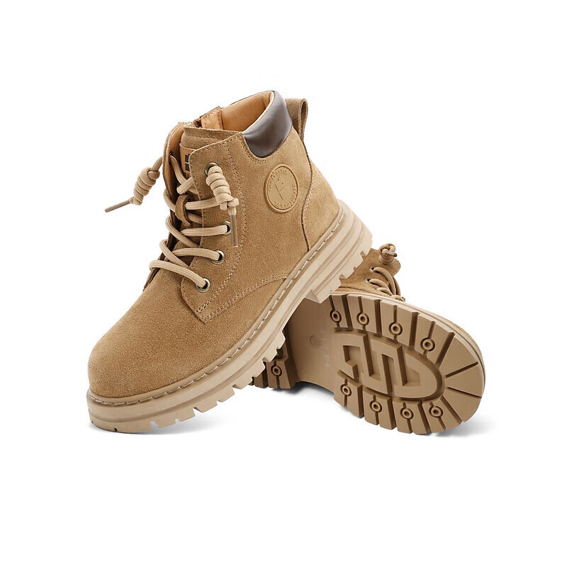 百丽童鞋绒面工装靴女商场同款抽绳大黄靴22528D92 卡其色-单里 35