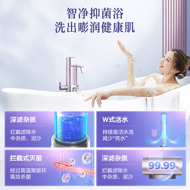 美的（Midea）电热水器60升3300W变频速热镁棒免换内胆免清洗一级能效美肤浴家用储水式F6033-JE8(HE)