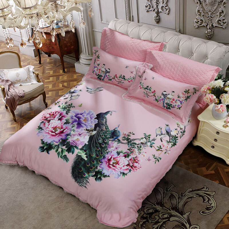 富安娜家纺 床上用品四件套长绒棉60支贡缎纯棉床品套件 高档单双人 雀舞林间1米8/2米床(230*229cm) 粉色