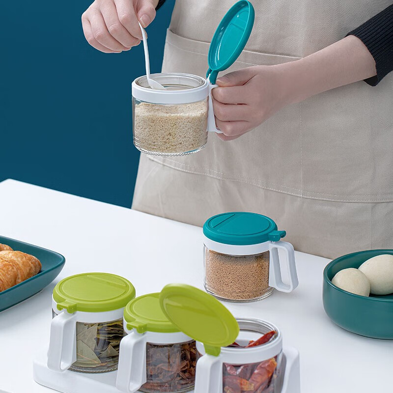 茶花（CHAHUA） 盐罐3组装圆形调味罐300ml佐料盒套装调料罐油壶 【4个1组装】颜色随机+550ml油壶