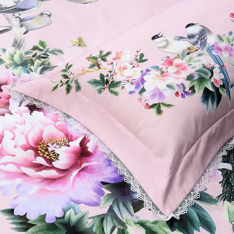 富安娜家纺 床上用品四件套长绒棉60支贡缎纯棉床品套件 高档单双人 雀舞林间1米8/2米床(230*229cm) 粉色