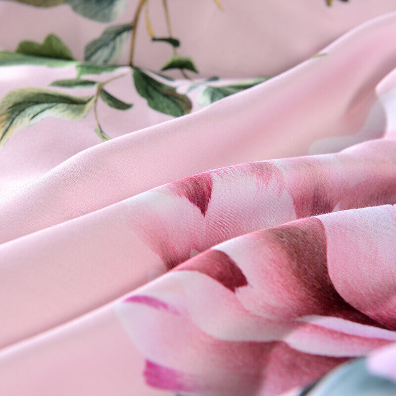 富安娜家纺 床上用品四件套长绒棉60支贡缎纯棉床品套件 高档单双人 雀舞林间1米8/2米床(230*229cm) 粉色