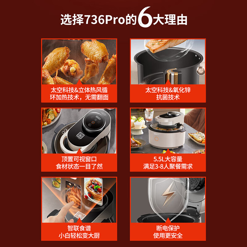 九阳（Joyoung）太空空气炸锅 不用翻面 全景可视 5.5L大容量 智能无油煎炸 烤箱薯条机VF736升级