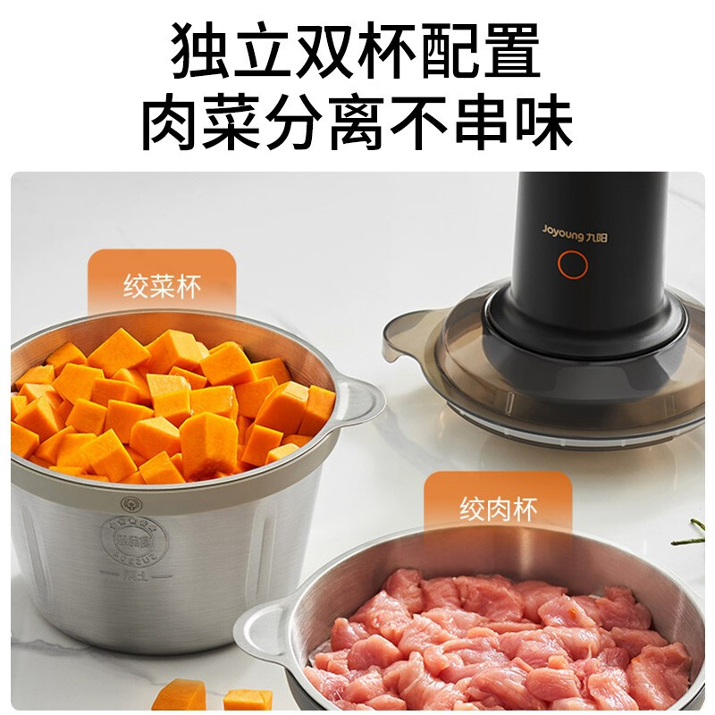 九阳（Joyoung）绞肉机家用电动多功能料理机搅拌婴儿辅食机切菜绞馅不锈钢双碗碎肉机S20-LA570