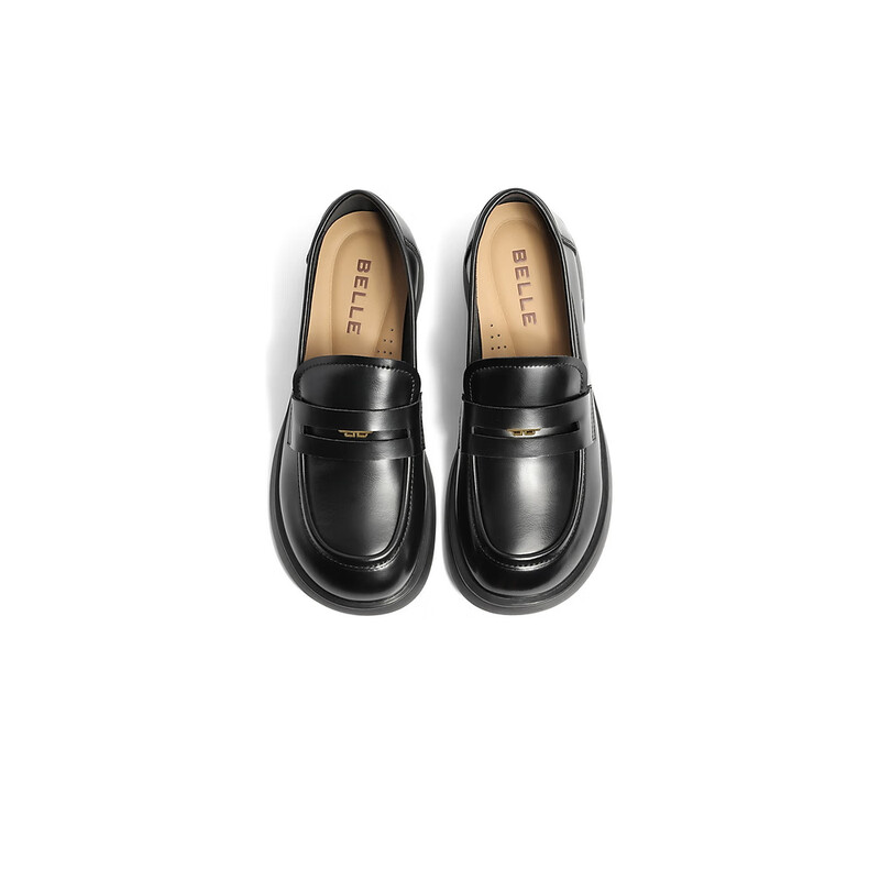 百丽通勤百搭乐福鞋女23秋季新款JK学院风单鞋B1524CA3 黑色 38