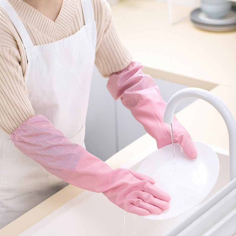 茶花加绒家务手套厨房洗碗刷碗橡胶套袖pvc耐磨洗衣服耐用冬季 红色-袖套款加绒 两双装