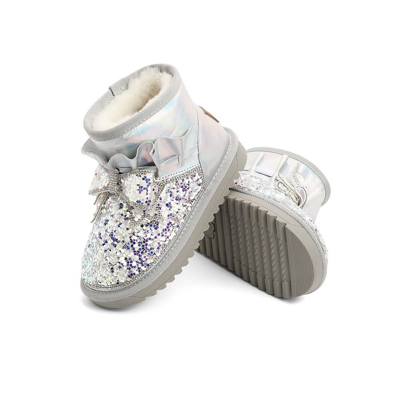 百丽童鞋亮片雪地靴女商场同款甜美短靴22936D92 银色 33