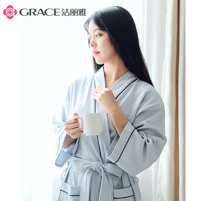 洁丽雅 五星级酒店浴袍情侣纯棉柔软吸水浴衣全棉汗蒸服男女通用月灰 L