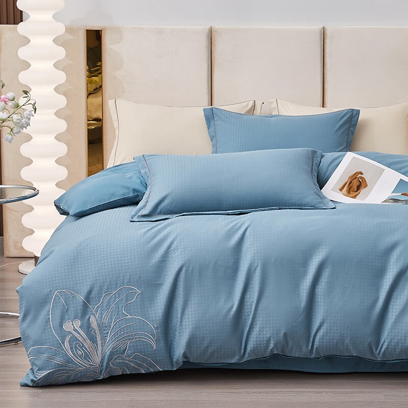 洁丽雅典雅刺绣四件套双人被套200*230cm提花工艺 花漾-海石蓝