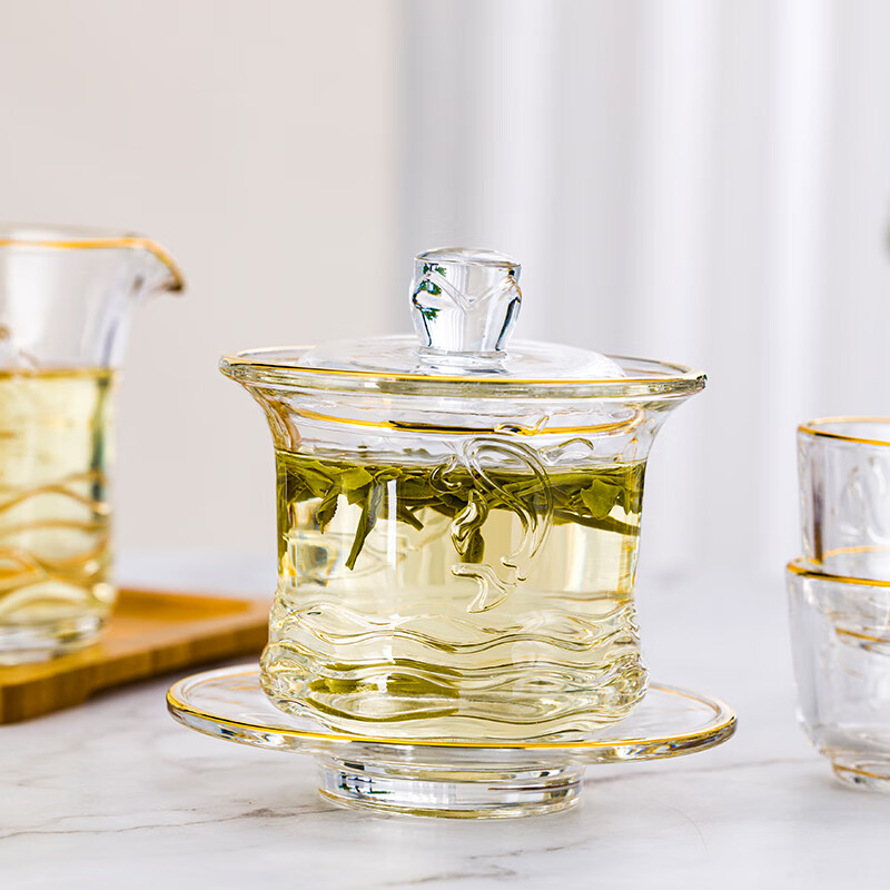 山重山玻璃茶具套装家用客厅轻奢高档茶碗茶杯整套泡茶功夫茶具6278描金 花纹 8件