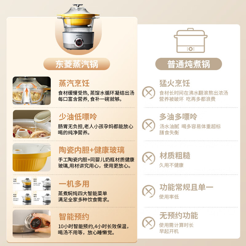 东菱（Donlim） 蒸汽锅 电炖锅 汽锅 家用电蒸锅 多功能蒸炖锅 隔水炖盅 云南汽锅鸡（煮锅+汽锅）DL-9009