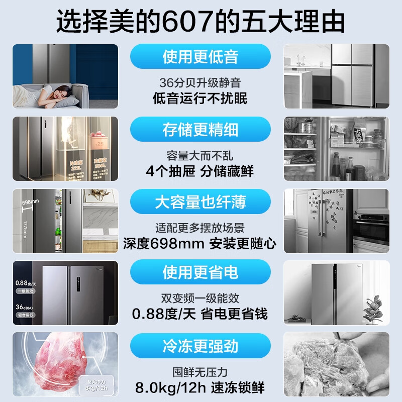 美的（Midea）冰空套装 慧鲜系列607升变频对开门冰箱BCD-607WKPZM(E)+1.5匹酷省电壁挂式空调KFR-35GW/N8KS1-1