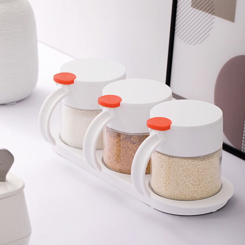 茶花圆点调味盒玻璃盐罐厨房用品厨房圆点玻璃调味架调料罐 圆点三组玻璃调味瓶 绿色