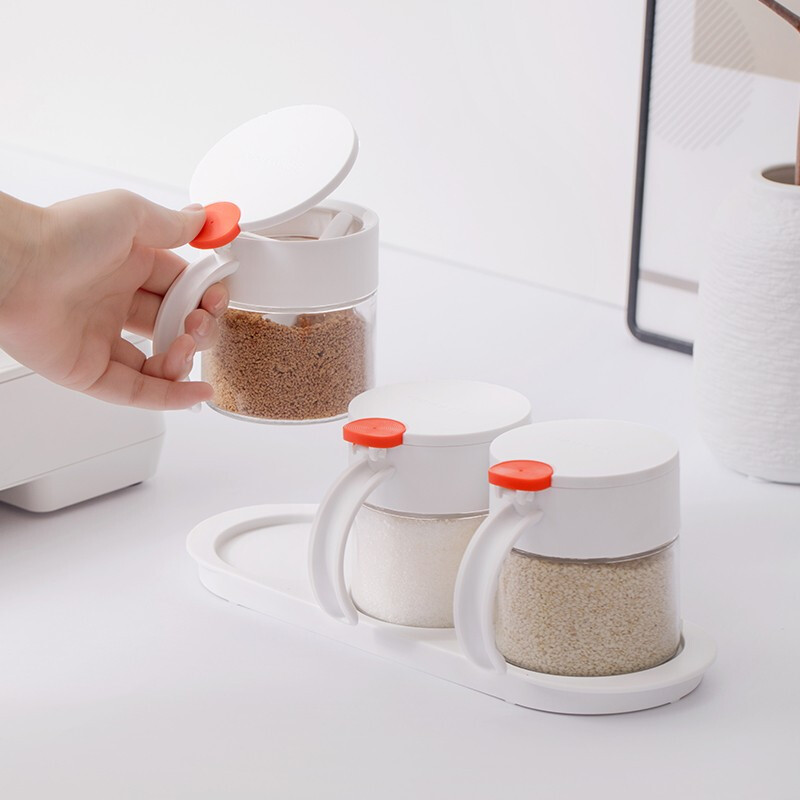 茶花圆点调味盒玻璃盐罐厨房用品厨房圆点玻璃调味架调料罐 圆点三组玻璃调味瓶 绿色