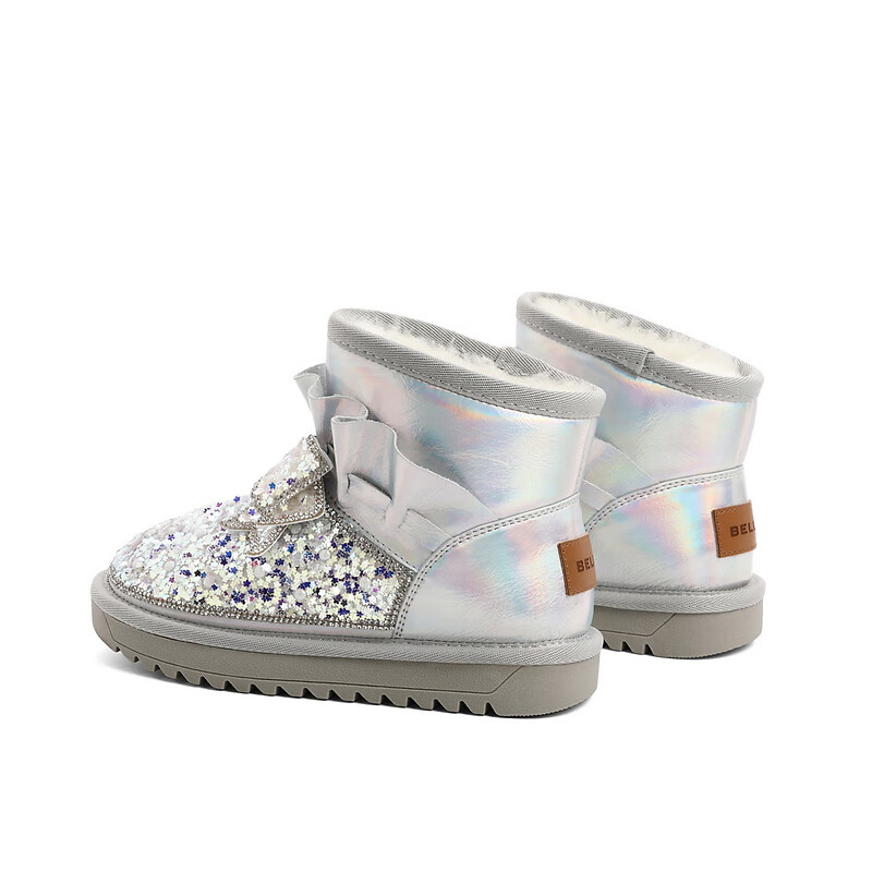 百丽童鞋亮片雪地靴女商场同款甜美短靴22936D92 银色 33