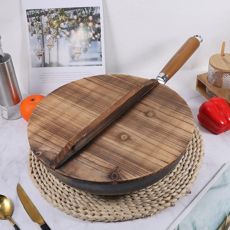 康巴赫精铁手工锻打老铁锅精铁手工炒菜煎炸铁锅32cm无涂层带实木锅盖章丘锅电磁CZQ32A1