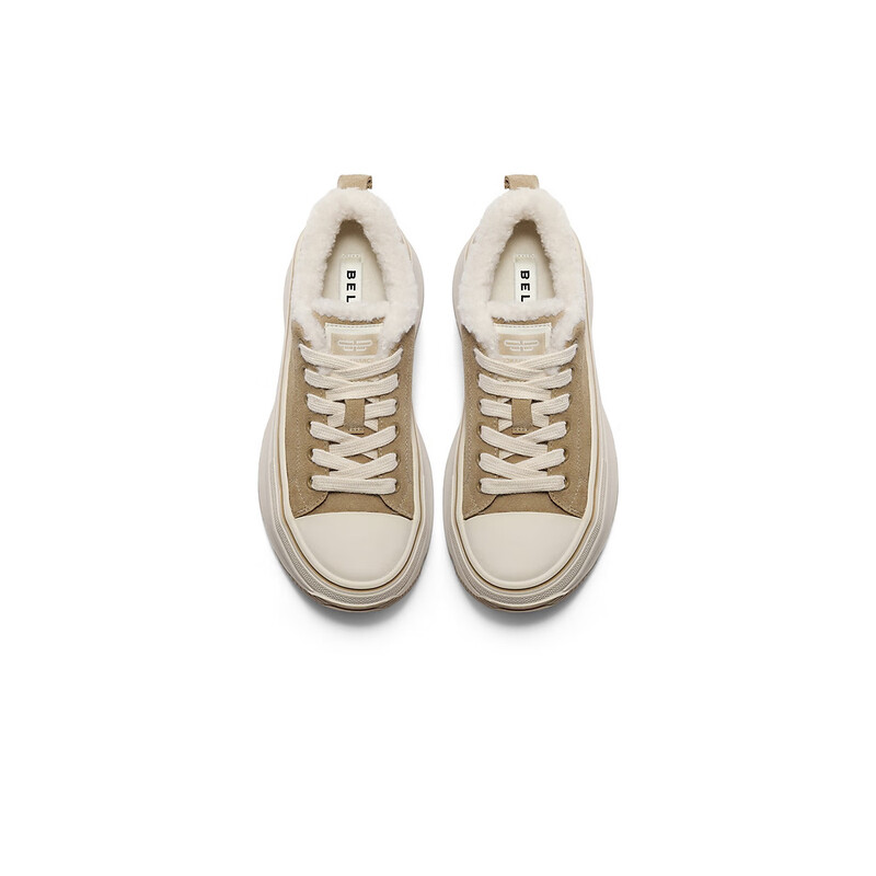 百丽百搭厚底毛毛鞋女2023冬季新款休闲舒适低帮鞋B1501DM3 卡其色 37