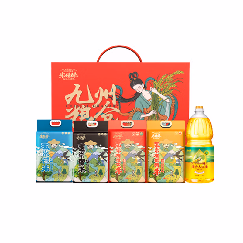 米妹妹 中国九州粮仓礼包 礼盒包装 杂粮食用油组合 5.8kg (单位:盒) 五常糙米1kg/五常粥米1kg/五常大米1kg/五常黑米1kg/一级大豆油1.8L（平台编码：572776）