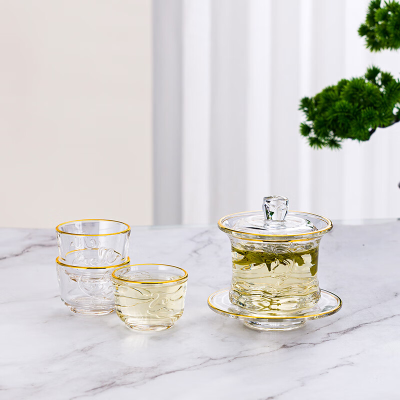 山重山玻璃茶具套装家用客厅轻奢高档茶碗茶杯整套泡茶功夫茶具6278描金 花纹 8件