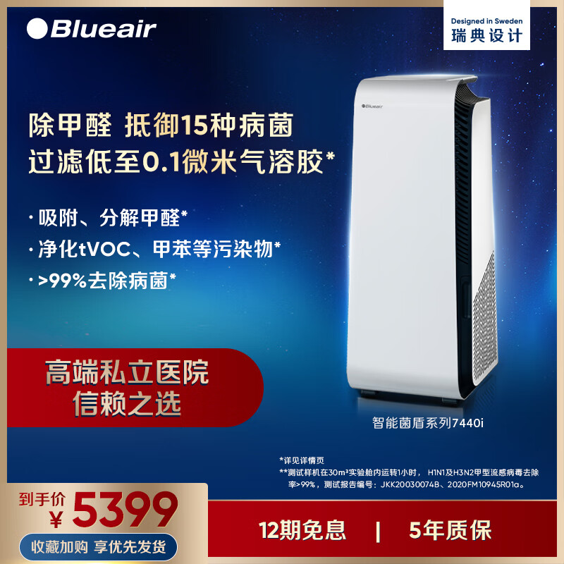 布鲁雅尔(Blueair)空气净化器除甲醛 智能菌盾7440i 除甲流病菌细菌智能数显除二手烟雾霾 钢铁大白