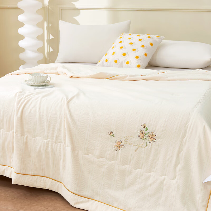 洁丽雅印花有氧棉夏被亲肤透气空调被可水洗薄被 奶酪白 200*230cm