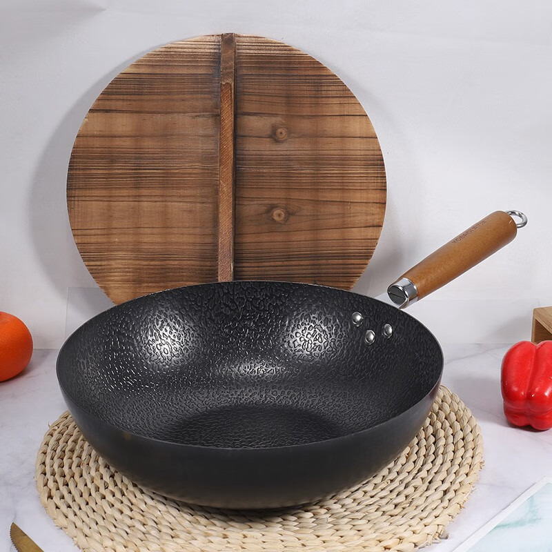 康巴赫精铁手工锻打老铁锅精铁手工炒菜煎炸铁锅32cm无涂层带实木锅盖章丘锅电磁CZQ32A1