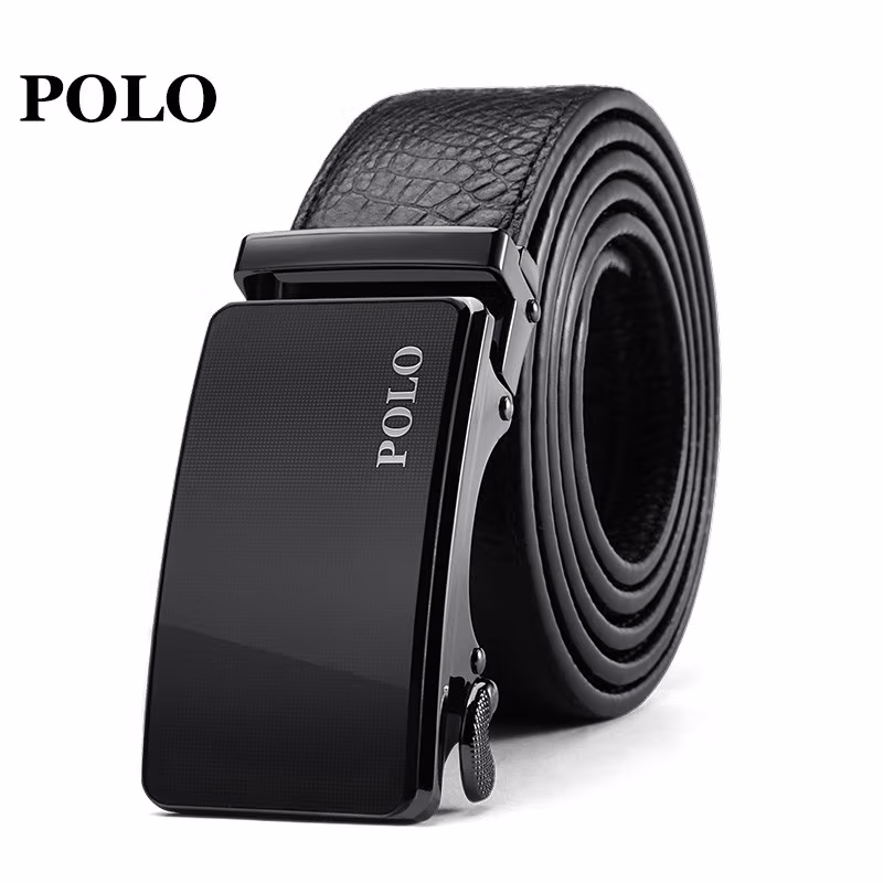 POLO 男士时尚自动扣皮带头层牛皮鳄鱼纹裤腰带Polo011571 黑色