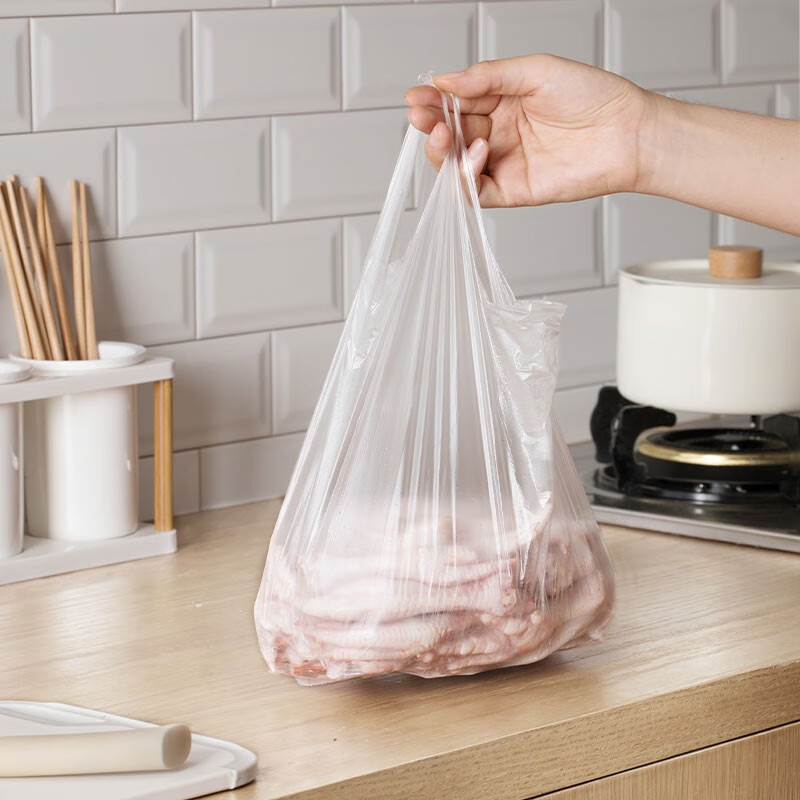 茶花PE手提式一次性食品保鲜袋背心式家用点断式易打结包装袋大号 【140只】手提式38*30cm