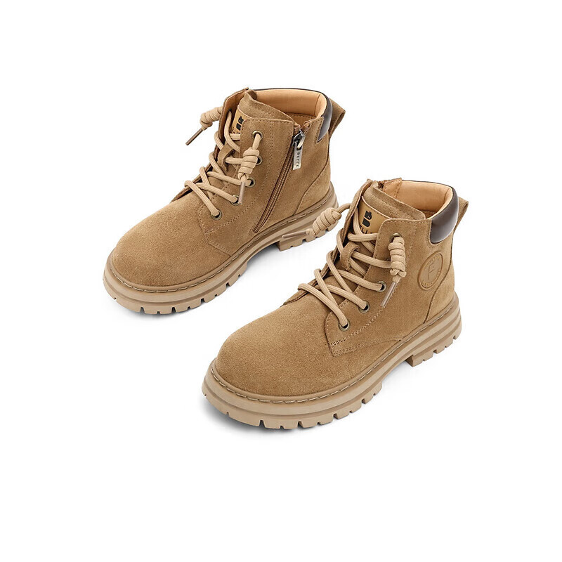 百丽童鞋绒面工装靴女商场同款抽绳大黄靴22528D92 卡其色-单里 35