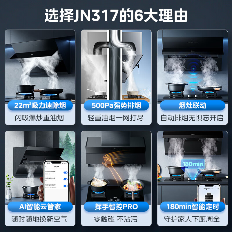 美的（Midea）抽油烟机燃气灶套装 家用侧吸烟灶联动套装22风量挥手智控自清洗JN317+Q523L天然气套装