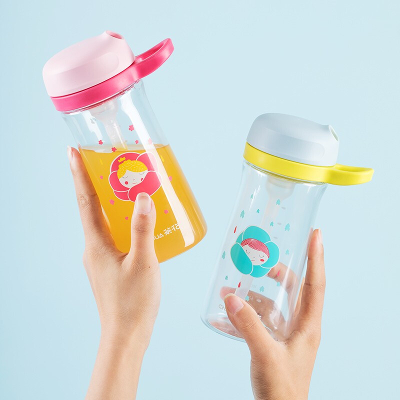 茶花tritan可爱儿童吸管杯夏季大容量宝宝幼儿园塑料防摔便携 蓝色