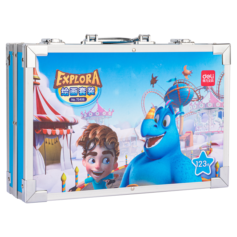 得力（deli）暑假儿童礼物 绘画礼盒套装学生儿童画画水彩笔油画棒彩铅图画本 六一儿童节礼物 123件-铝合金豪华双层