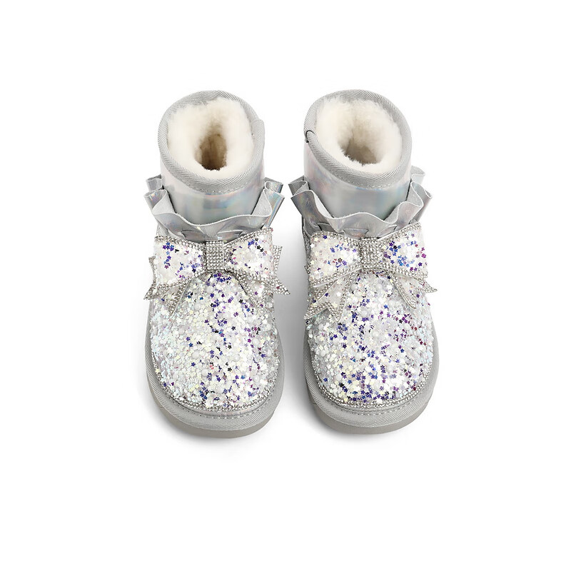 百丽童鞋亮片雪地靴女商场同款甜美短靴22936D92 银色 33