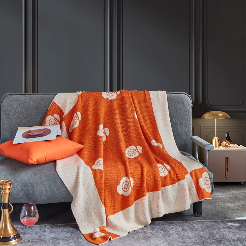 洁丽雅ins风北欧提花针织毯个性复古风午睡毯办公室保暖盖毯120x150cm 花朵