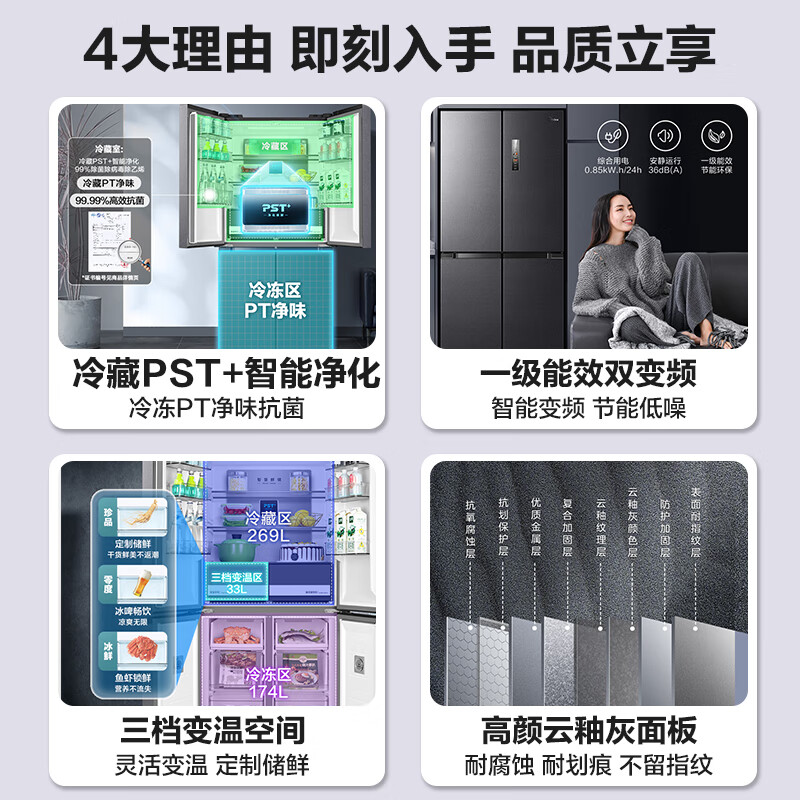 美的（Midea）476升十字对开门冰箱变频一级能效家用家用电冰箱超薄风冷无霜BCD-476WSPZMA(E)云釉灰