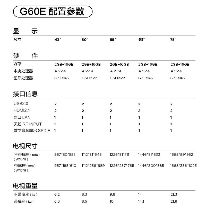 TCL 43G60E 43英寸 4K超高清电视 2+16GB 双频WIFI 远场语音支持方言 家用商用电视