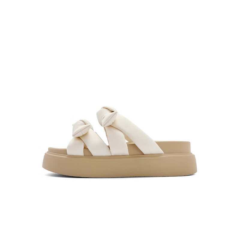 百丽蓬松扭结沙滩凉拖女2023夏季新款别致凉拖B1285BT3 米色 36