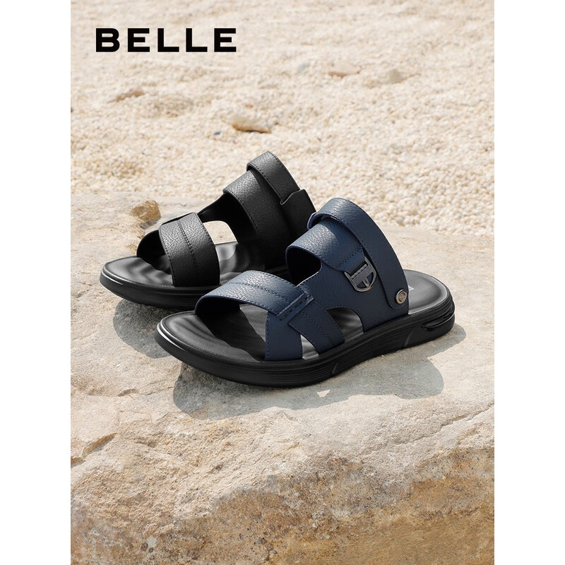 百丽百搭凉鞋男2023夏季新款牛皮两穿皮清爽透气凉鞋A1098BL3 蓝色 40