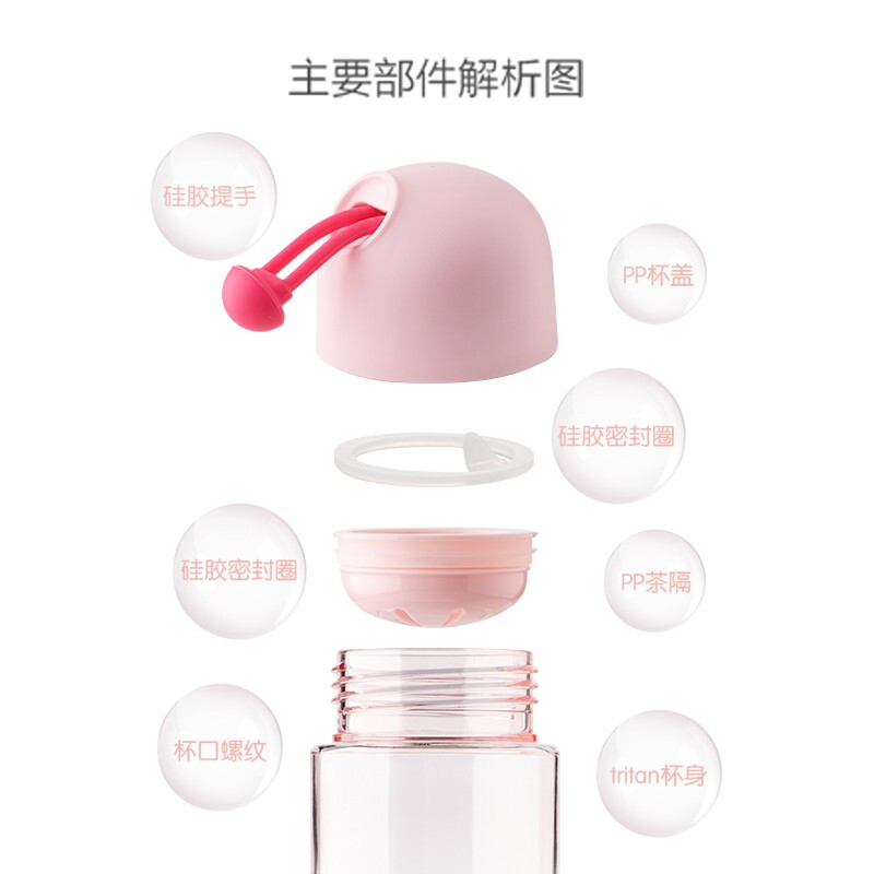 茶花水杯便携女塑料水杯运动水杯男女随手杯子1个装 少女粉 容量540ml