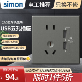 西蒙（SIMON） 开关插座面板五孔插座空调网络单开双控一开五孔usbC60荧光灰 五孔带双USB