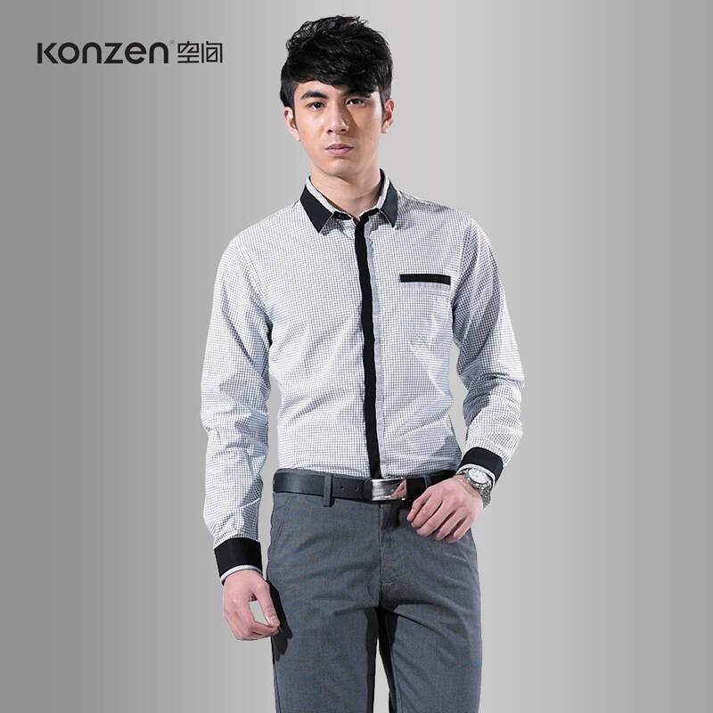 konzen空间/自由空间 新款男装合身格仔撞色衬衫11326424 01白色 170