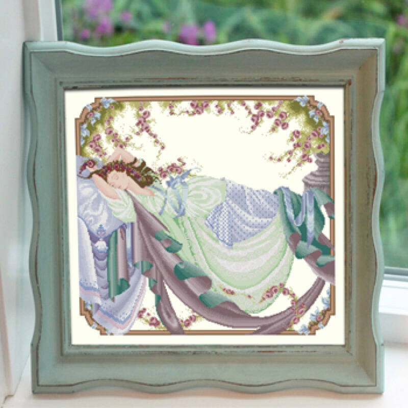 阿卡手工十字绣 常青藤下睡美人 珠绣 美女十字绣套件 14ct