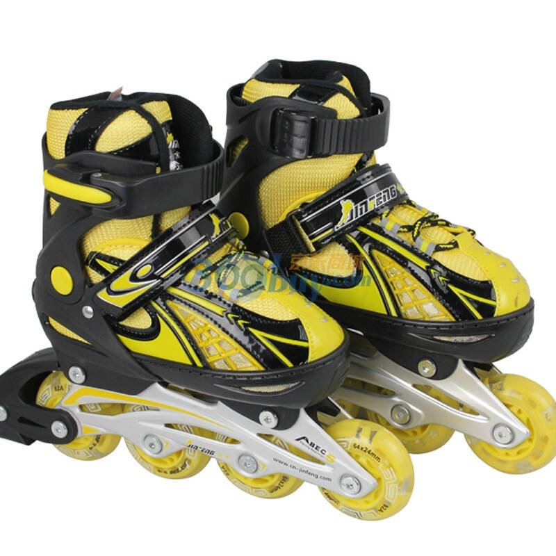 金峰伸缩可调半软直排轮溜冰鞋/旱冰鞋/轮滑鞋137f-1y 黄色 s码